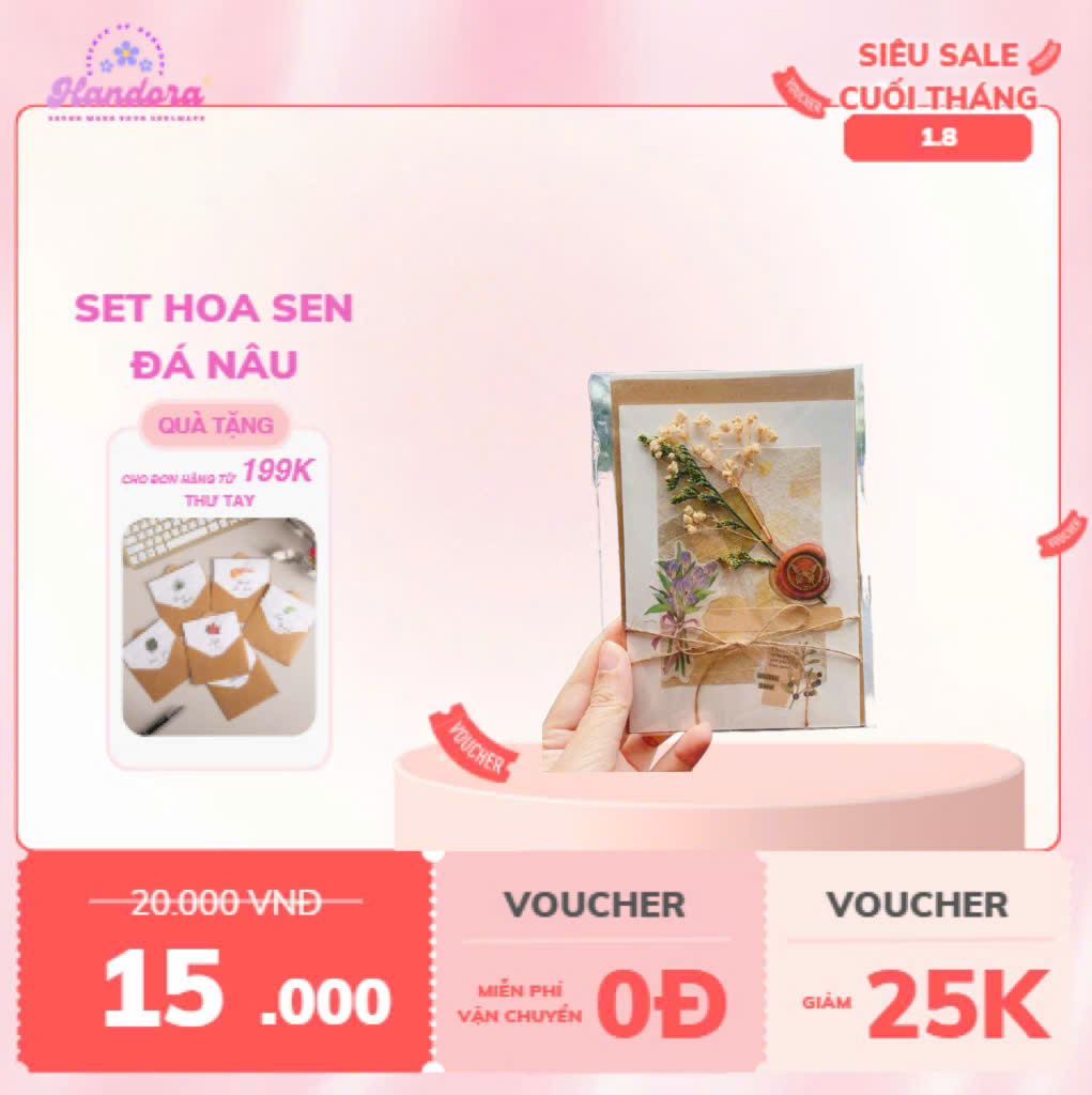 Thiệp handmade gấp đôi vintage trang trí hoa khô và dây thừng, tặng kèm bao thư kraft