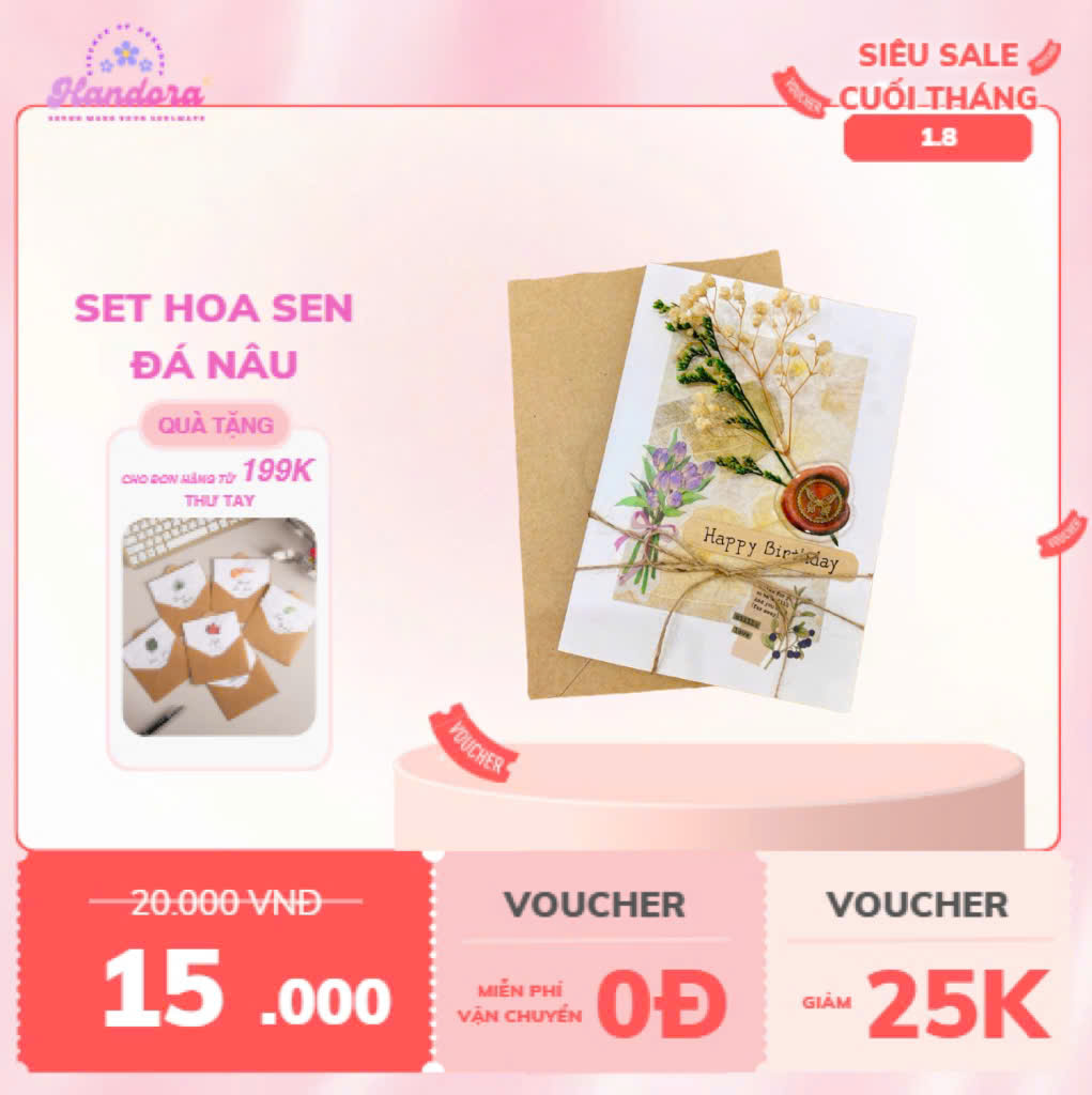 Thiệp handmade gấp đôi vintage trang trí hoa khô và dây thừng, tặng kèm bao thư kraft - Ảnh 2